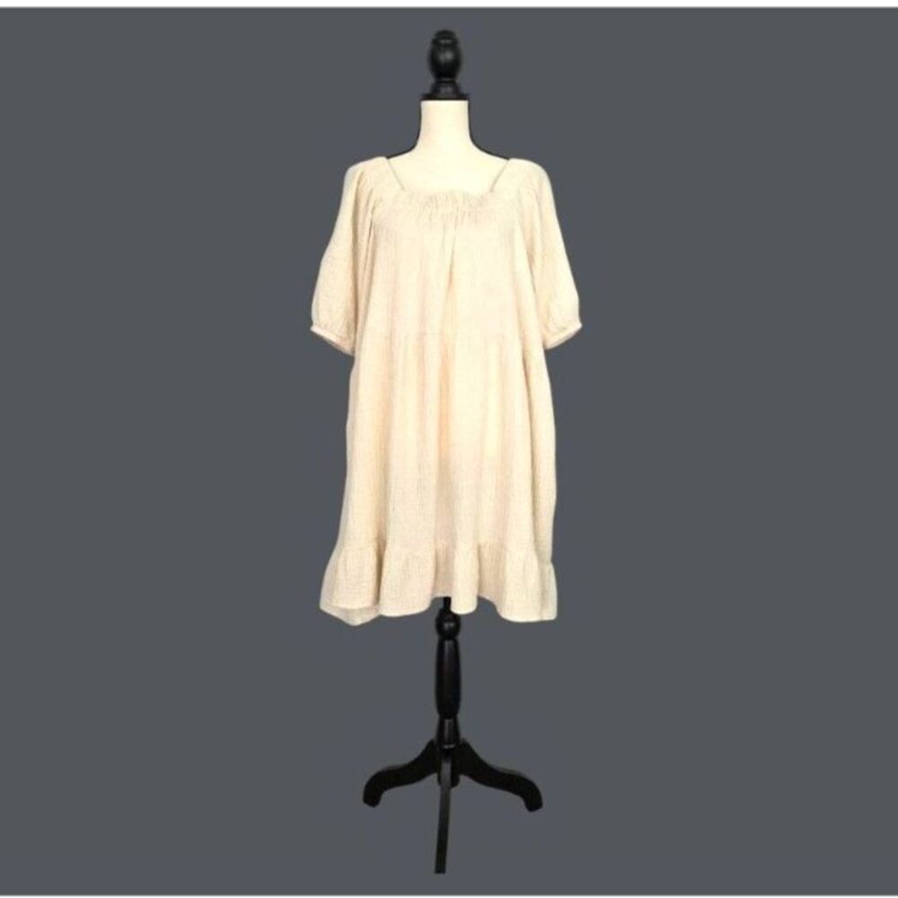 Wonderly Cotton Gauze Square Neck Babydoll Dress Women Pale Yellow Tiered Boho L